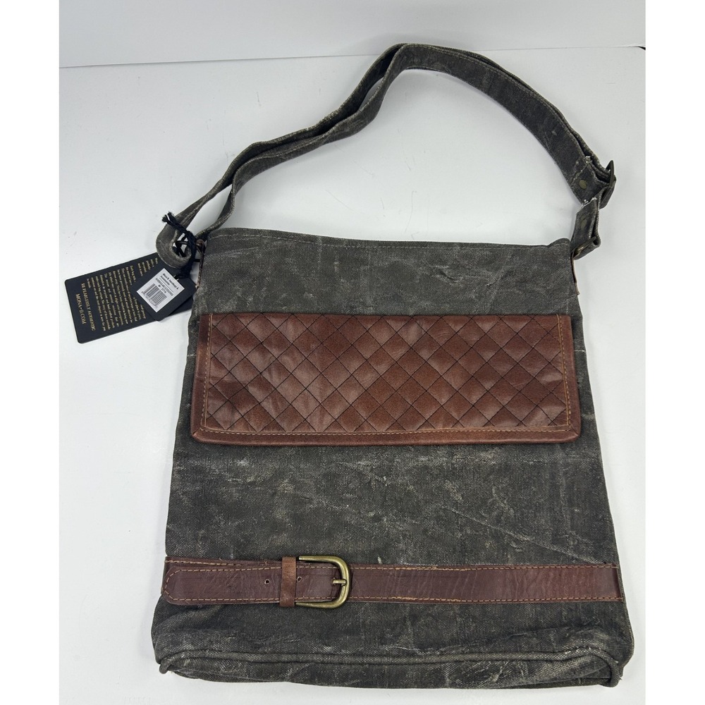 Mona B  Messenger Tote Bag Upcycled Military Green‎ Canvas Distressed Large NWT